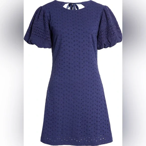 NWT Free People Apricot Rose Puff Sleeve Eyelet Dress in Living Indigo - Picture 5 of 14
